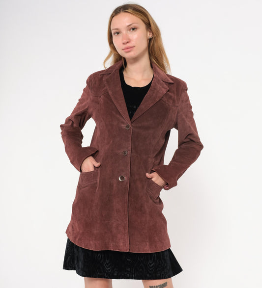 2000s Burgundy Leather Blazer Notched Lapel Long Line Small S