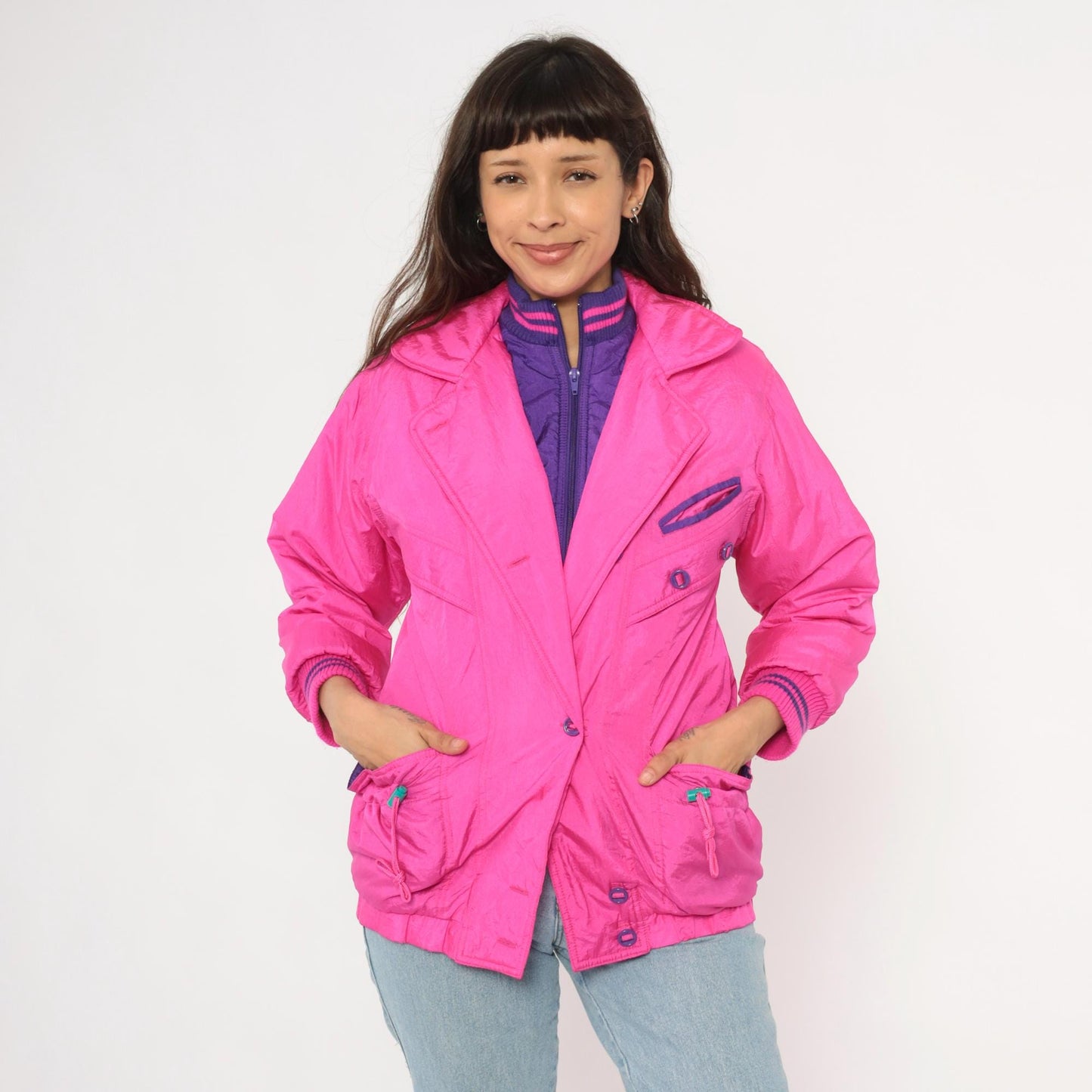 90s Survival Club Hot Pink Nylon Windbreaker Double Breasted Purple Lined XS