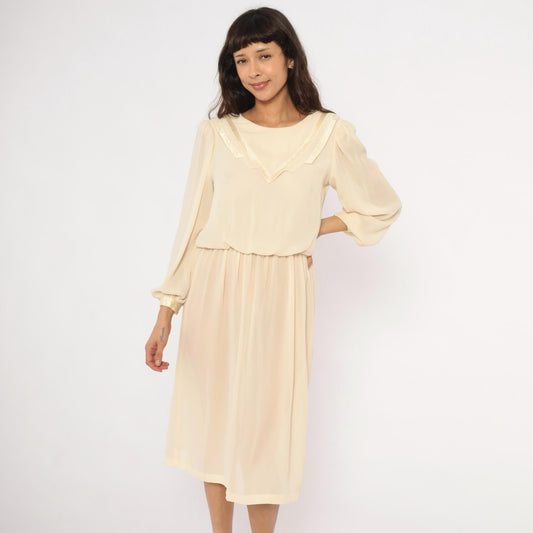 80s Street Scene Cream Chiffon Dress Bishop Sleeve V-Trim Knee-Length Small S