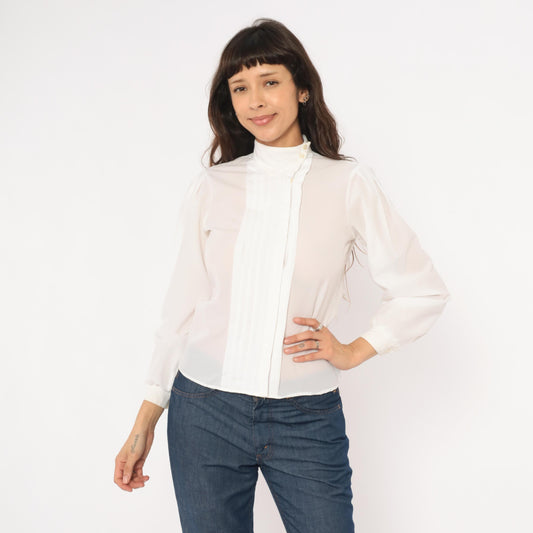 80s Kanga Sport White Pintuck Blouse Puff Sleeve High Collar Small S