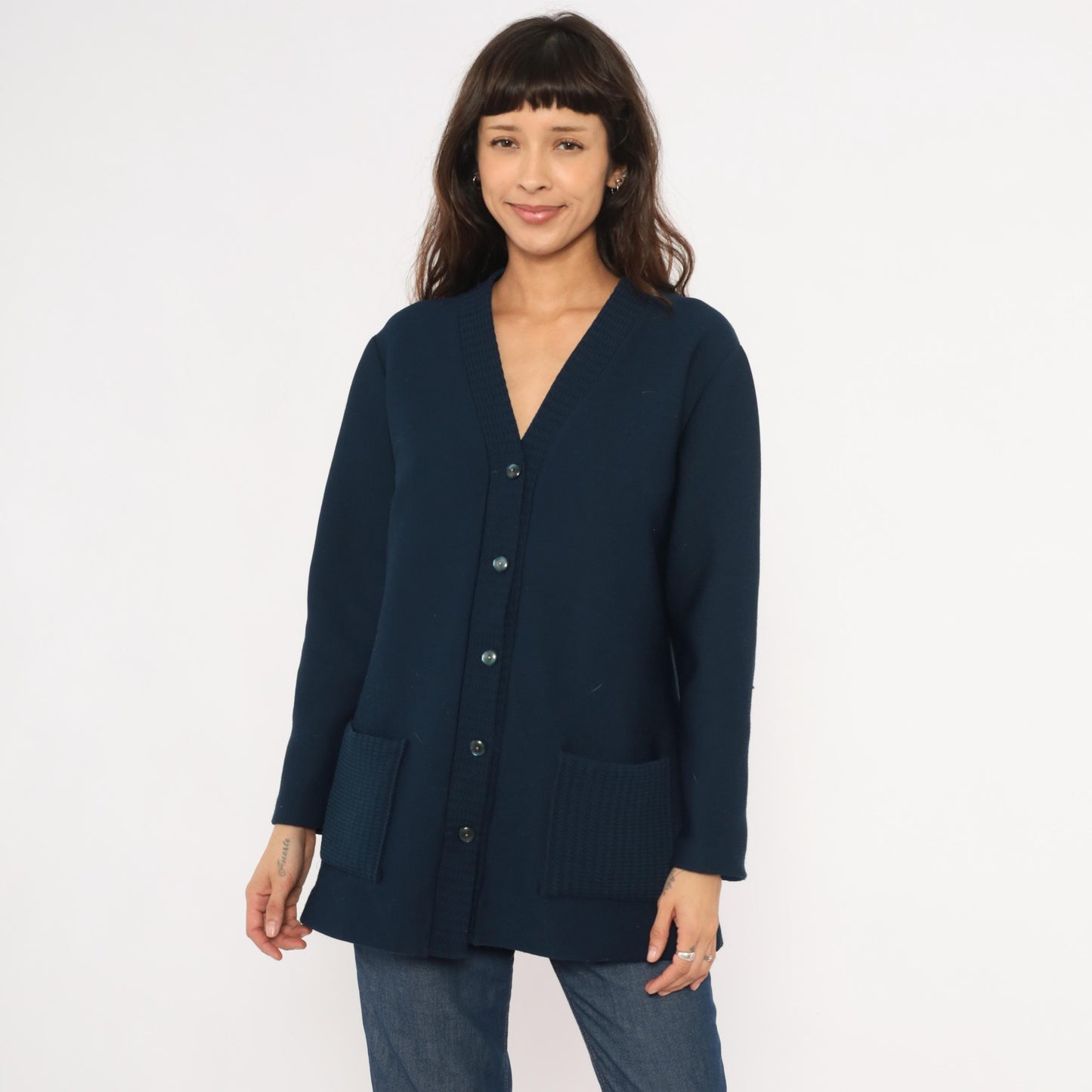 70s Navy Button Front Cardigan V Neck Knit Sweater Patch Pocket Large L
