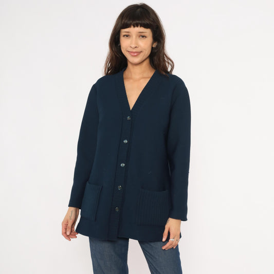 70s Navy Button Front Cardigan V Neck Knit Sweater Patch Pocket Large L