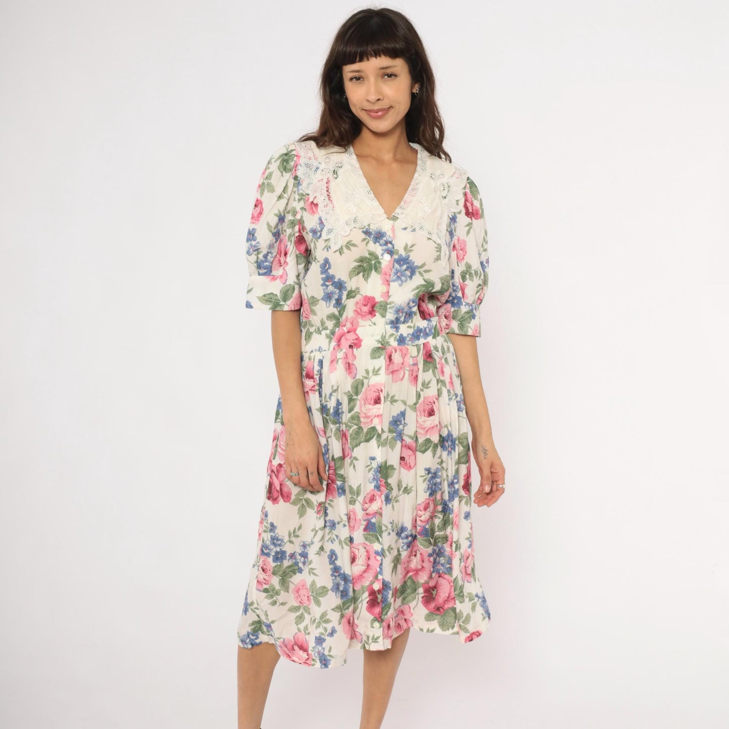 90s Karin Stevens Floral Midi Dress Lace Collar Puff Sleeve Pink Rose Large L