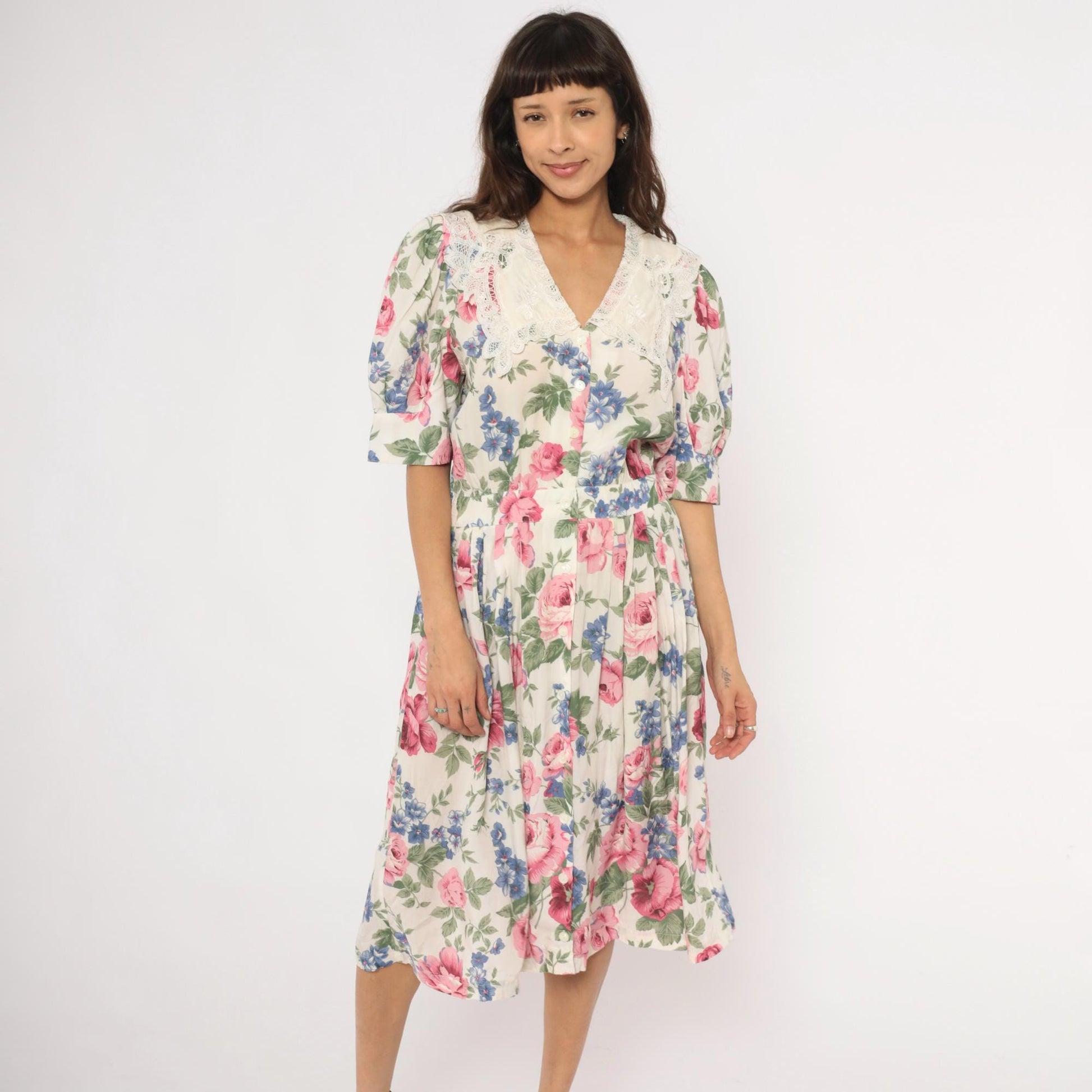 90s Karin Stevens Floral Midi Dress Lace Collar Puff Sleeve Pink Rose Large L