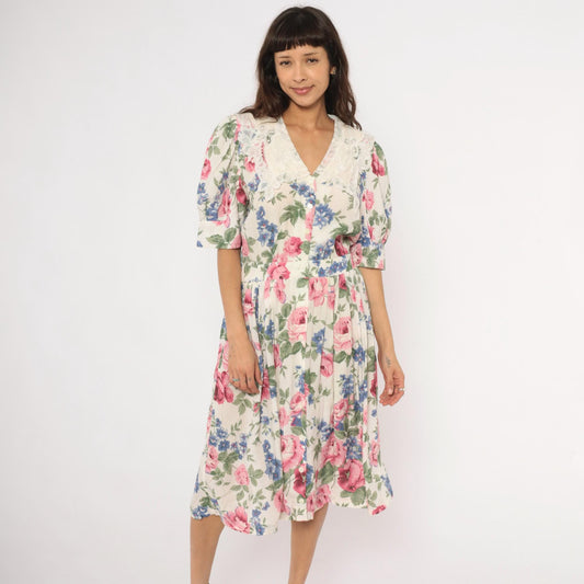 90s Karin Stevens Floral Midi Dress Lace Collar Puff Sleeve Pink Rose Large L