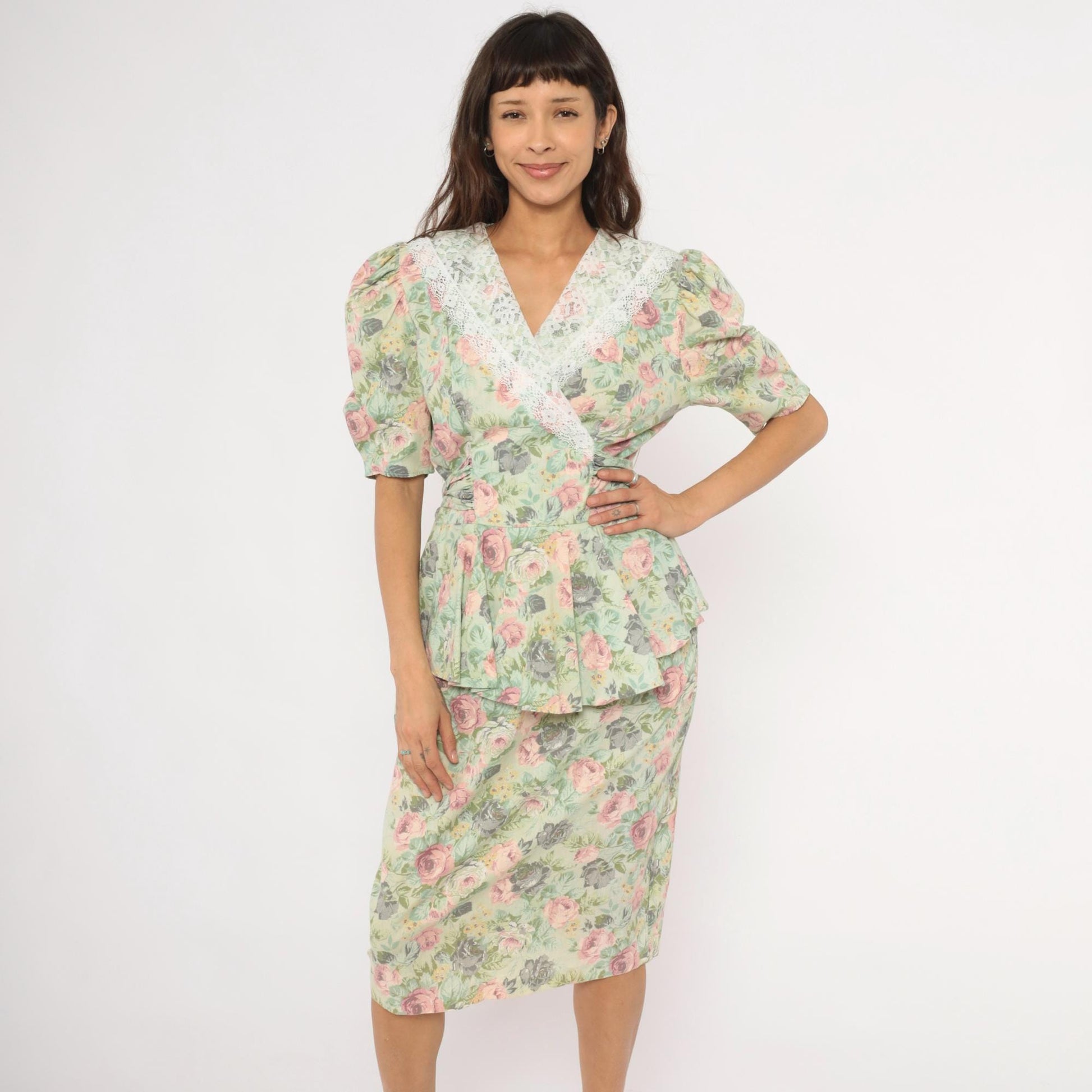 90s Sage Floral Peplum Dress Pink Rose Lace Collar Puff Sleeve Medium M