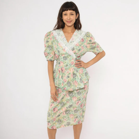 90s Sage Floral Peplum Dress Pink Rose Lace Collar Puff Sleeve Medium M