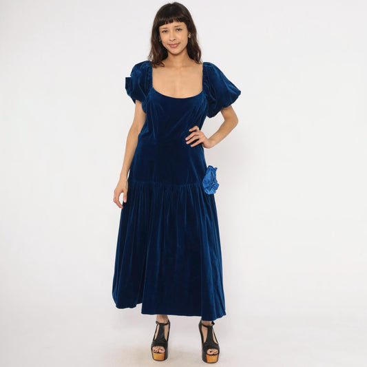 80s Bianchi Navy Velvet Maxi Gown Puff Sleeve Drop Waist Rosette Large L