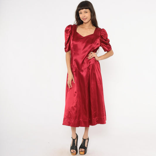 80s Burgundy Satin Midi Dress Puff Sleeve Sweetheart Neckline Bow Back Large L