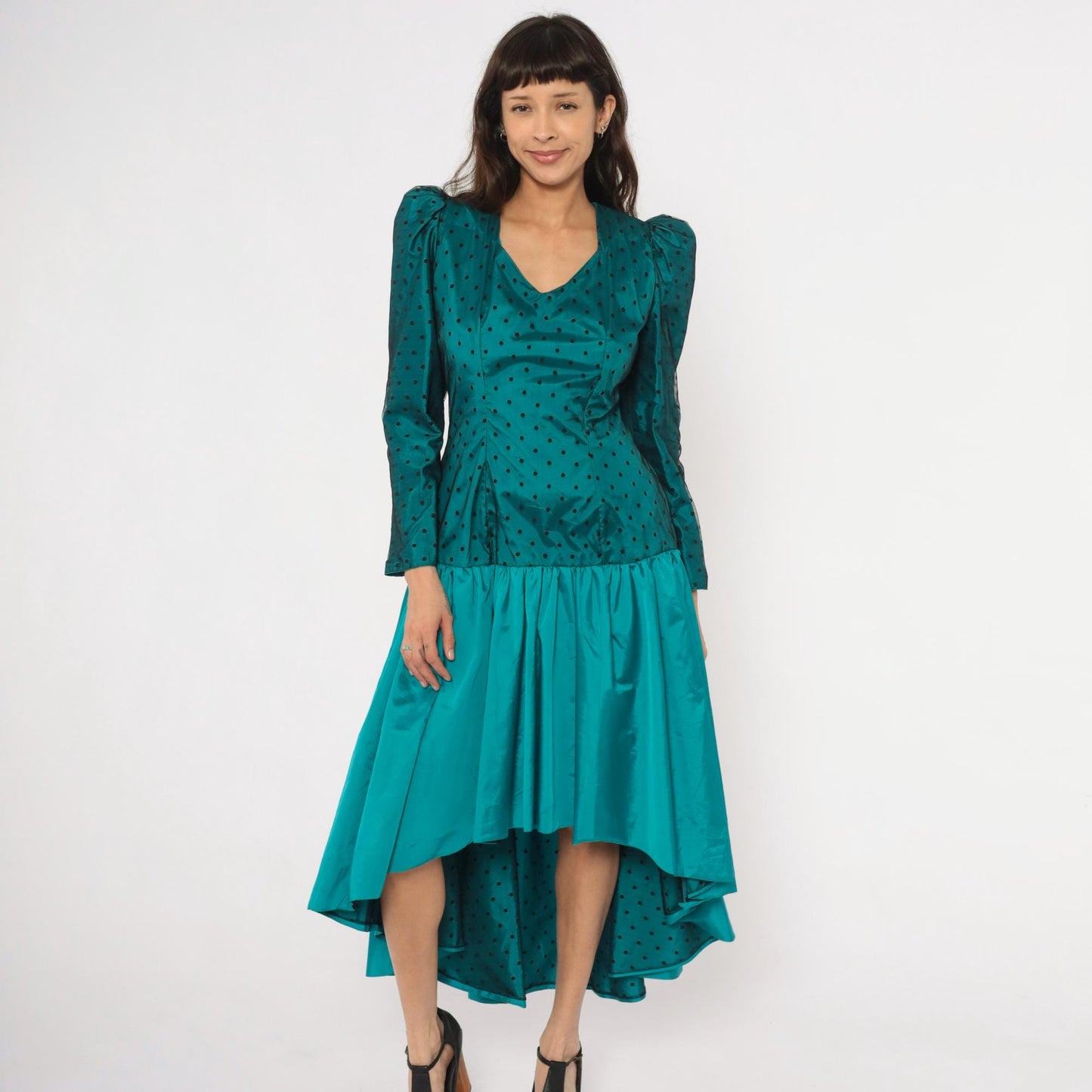 80s Milt Russell Original Teal Polka Dot Puff Sleeve Gown High-Low Medium M
