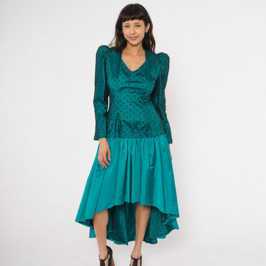 80s Milt Russell Original Teal Polka Dot Puff Sleeve Gown High-Low Medium M