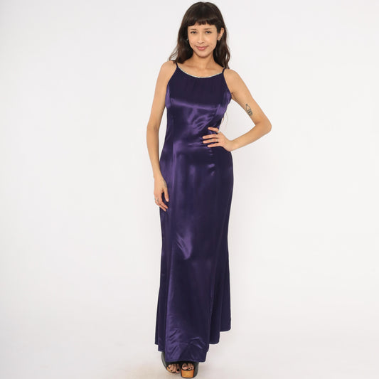90s Jessica McClintock Gunne Sax Purple Satin Maxi Gown Rhinestone Small S