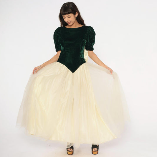 80s Emerald Velvet Puff Sleeve Gown Cream Tulle Skirt Basque Waist Medium M