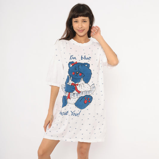 90s Tracys Place Blue Bear Nightshirt White Cotton Graphic Sleep Tee One Size