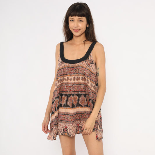 Y2K Bakul Indian Block Print Mini Dress Paisley Black Burgundy Small