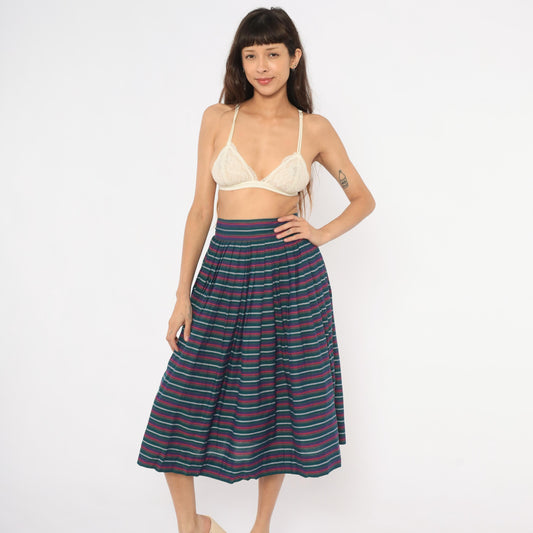 60s Striped Pleated Midi Skirt Teal Burgundy Navy High Waist Cotton Small