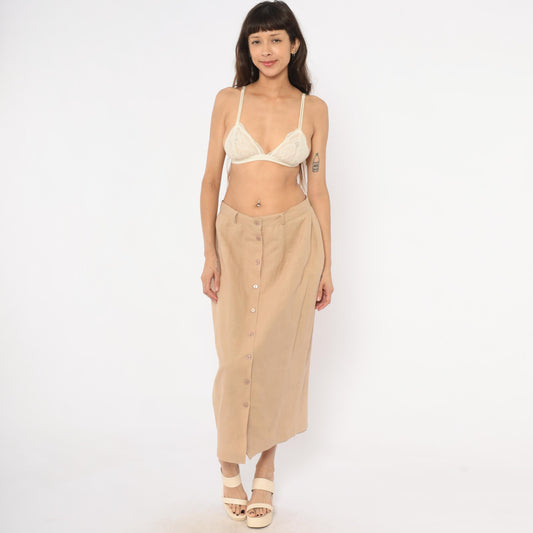 80s Carry Back Tan Linen Midi Skirt Button Front Medium M