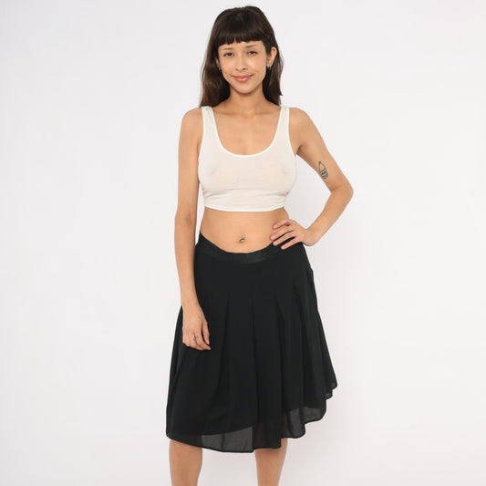 90s Liz Claiborne Black Pleated Knee Skirt A-Line Satin Waistband Large L