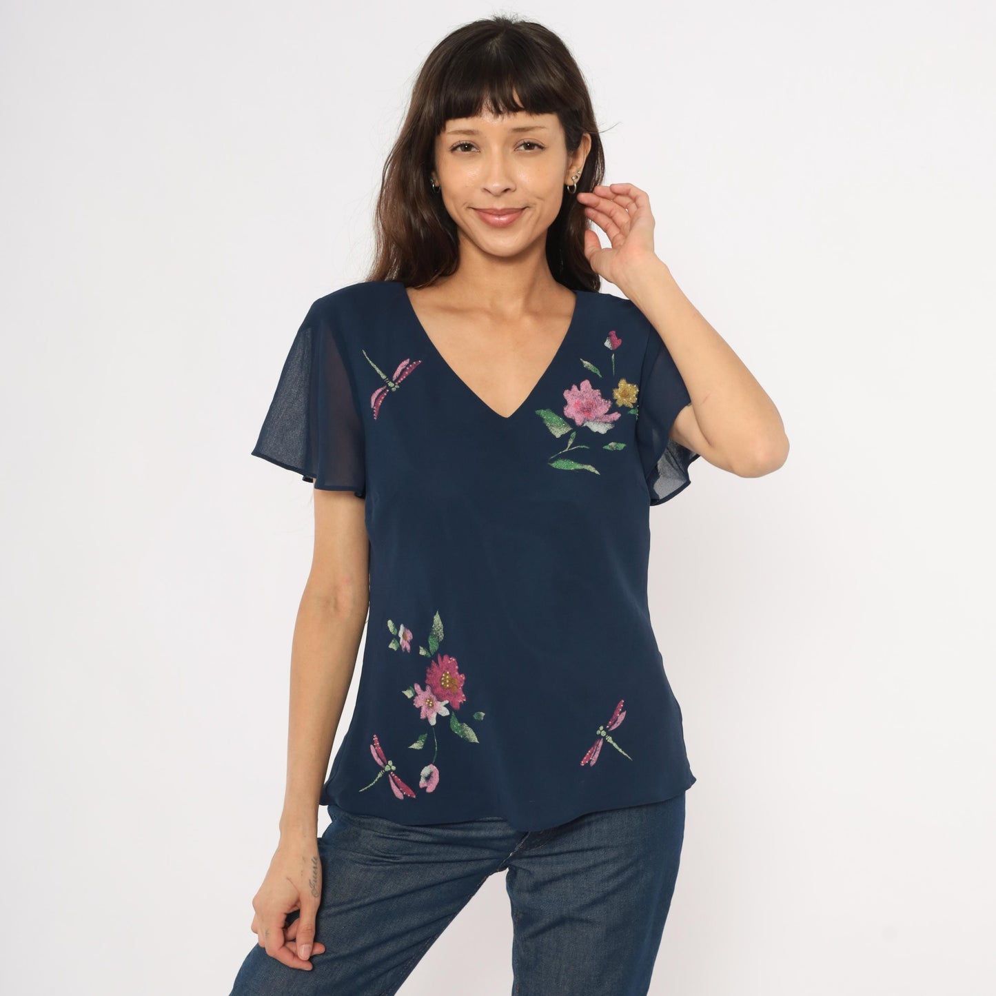 90s Karin Stevens Navy Floral Dragonfly Chiffon Blouse Flutter Sleeve Large L