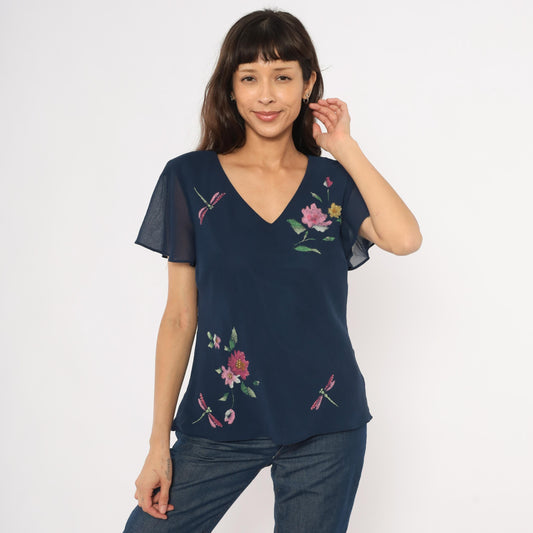 90s Karin Stevens Navy Floral Dragonfly Chiffon Blouse Flutter Sleeve Large L