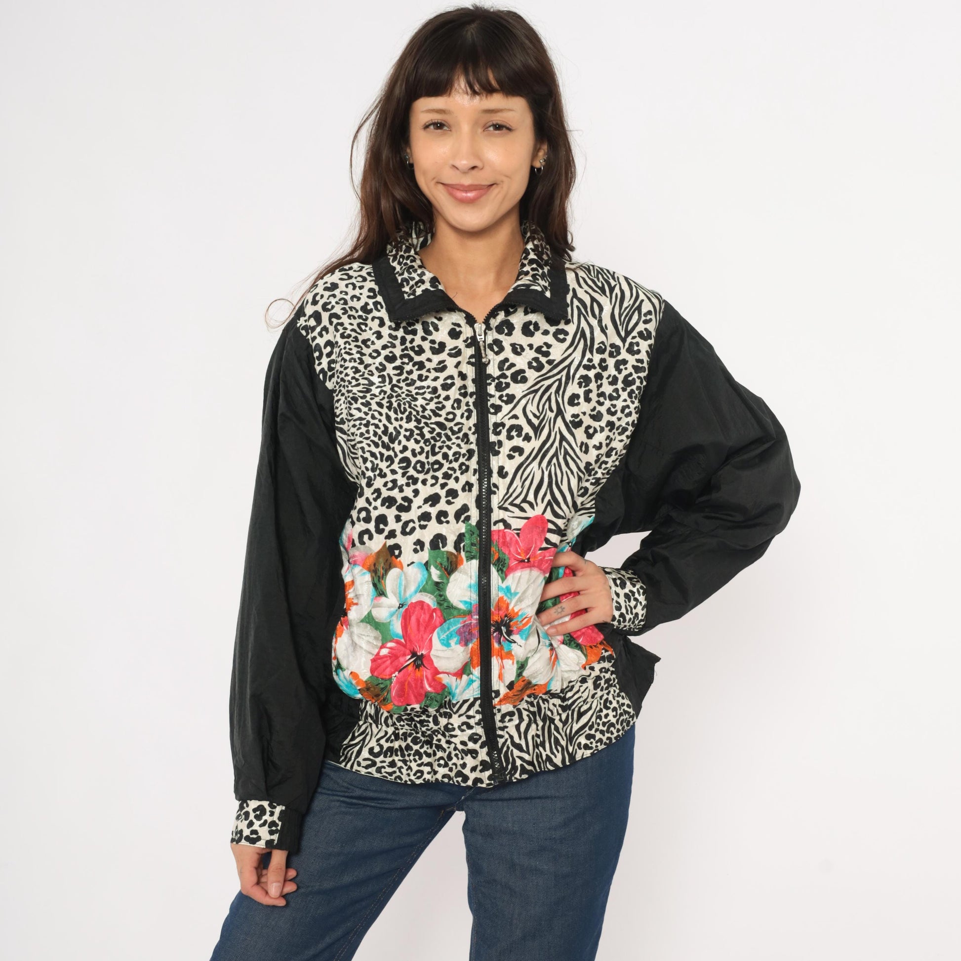 90s East West Leopard Zebra Floral Windbreaker Jacket Black Medium M