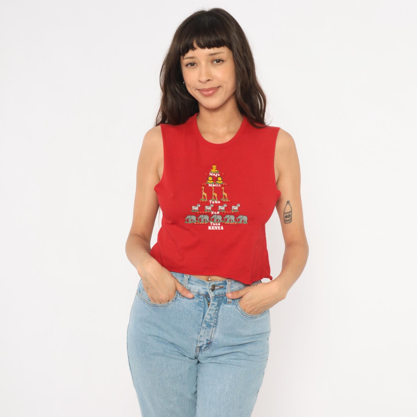 2000s Kenya Safari Animal Crop Tank Red Cotton Swahili Graphic XS