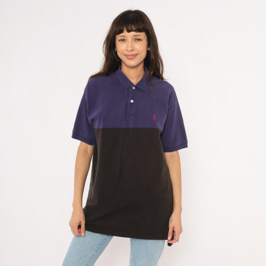 90s Polo by Ralph Lauren Color Block Pique Polo Purple Navy Black Cotton Large L