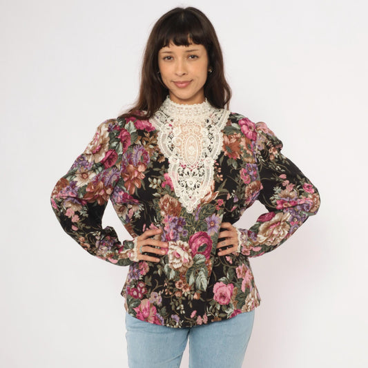 90s Scott McClintock Black Floral Blouse Lace Bib Puff Sleeve Extra Large XL