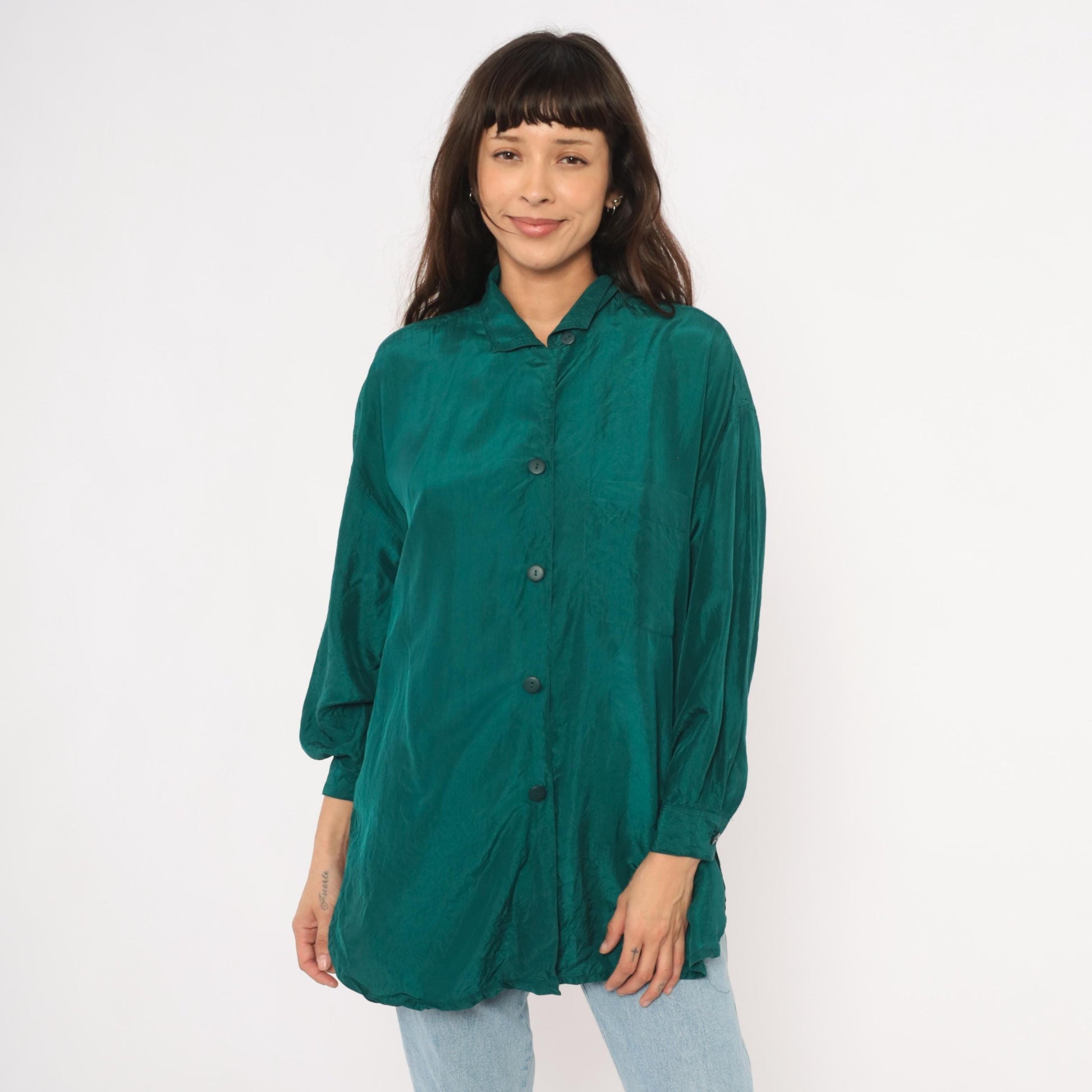 90s The Limited Teal Silk Button Shirt Camp Collar Balloon Sleeve Small