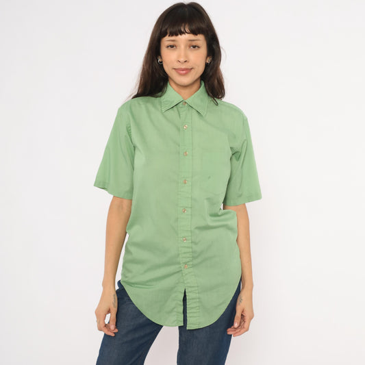 70s Mossini Sage Green Button Down Shirt Short Sleeve Pointed Collar Small