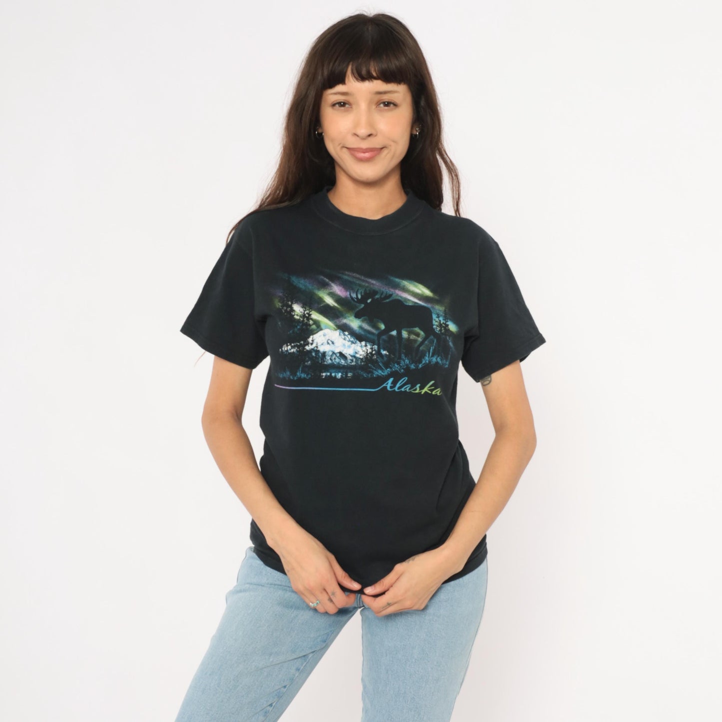 Y2K Alaska Moose Aurora Borealis Graphic Tee Black Cotton Small S