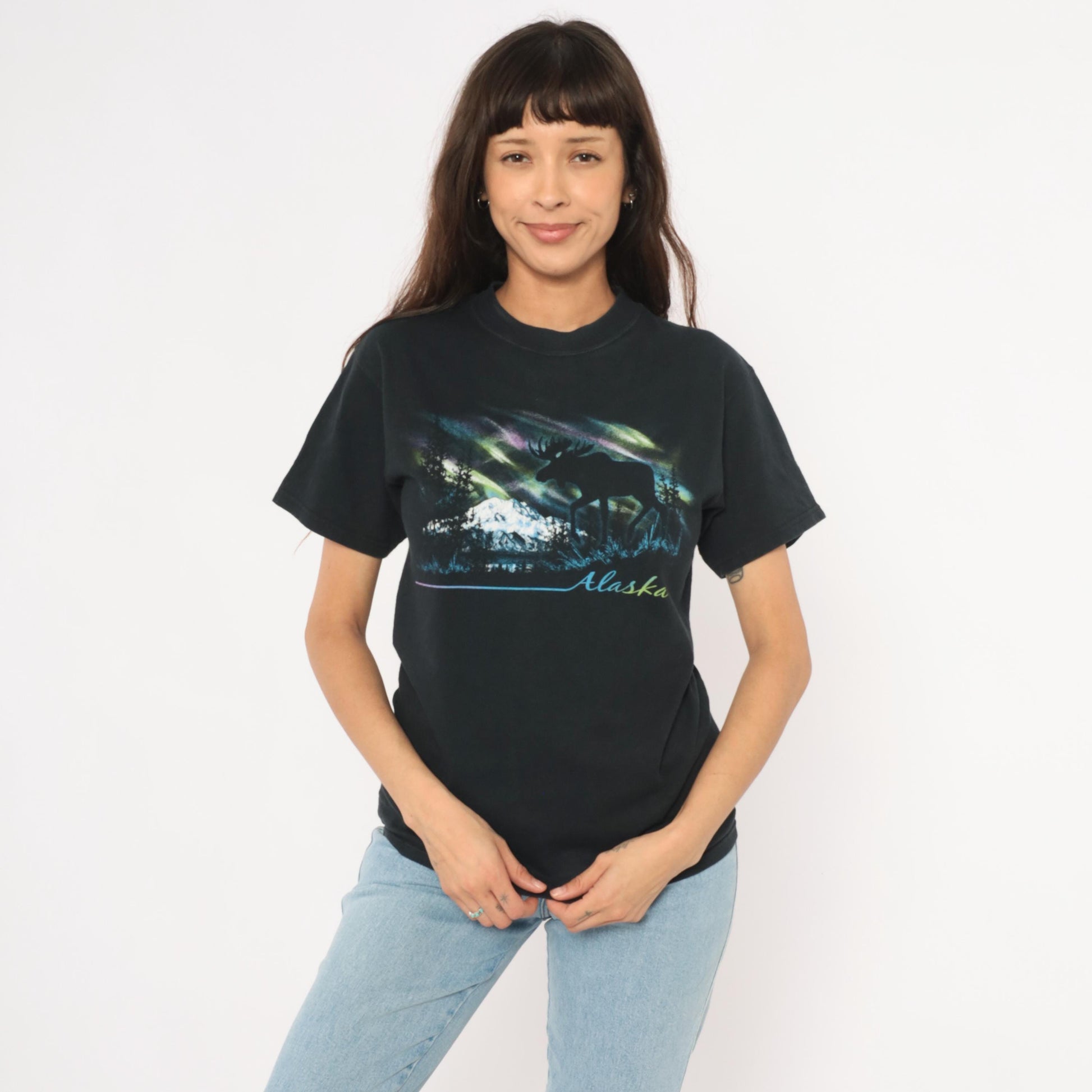 Y2K Alaska Moose Aurora Borealis Graphic Tee Black Cotton Small S