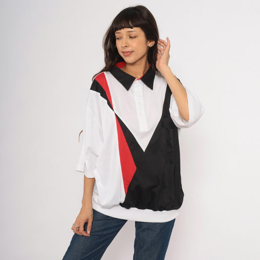 80s Envoy Colour Block Polo Chevron White Black Red Plus Size XXL