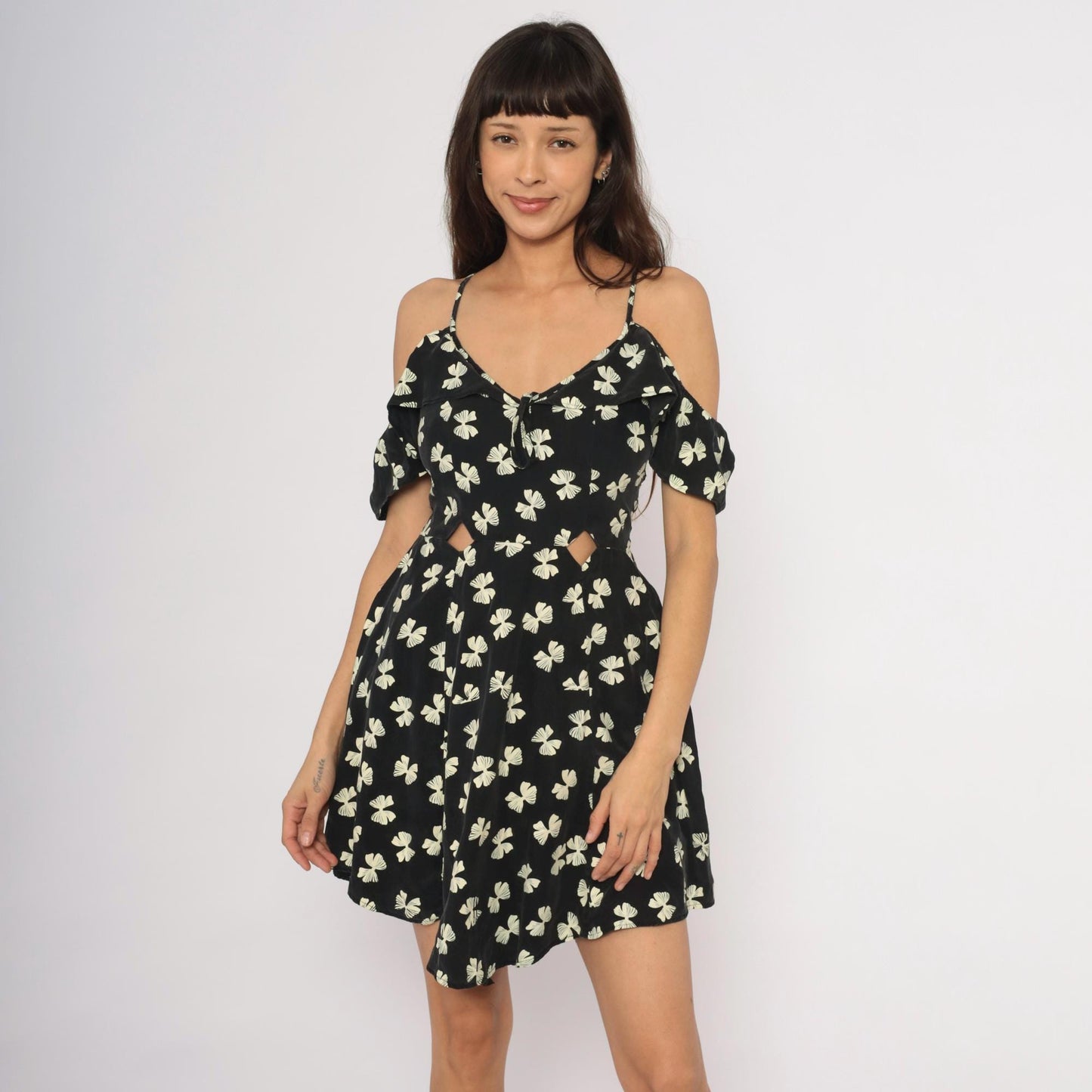 Y2K Black Cream Bow Print Mini Dress Cold Shoulder Cutout Small S