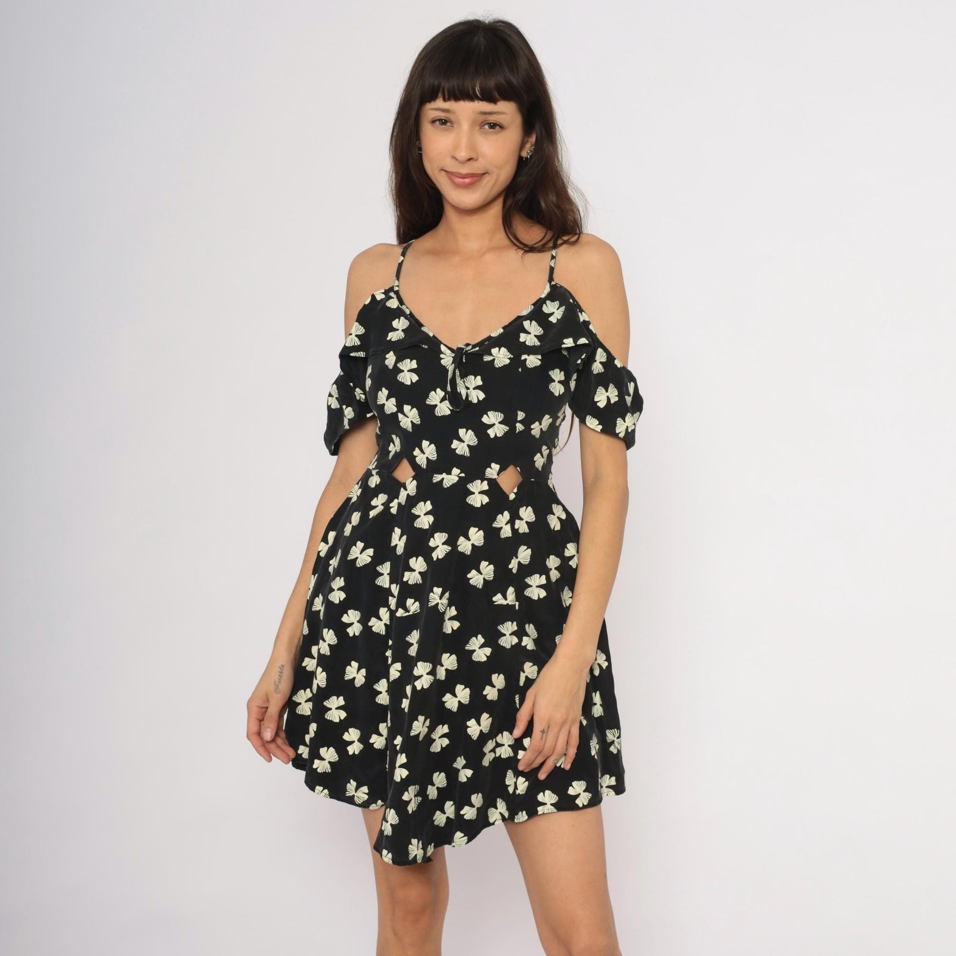 Y2K Black Cream Bow Print Mini Dress Cold Shoulder Cutout Small S