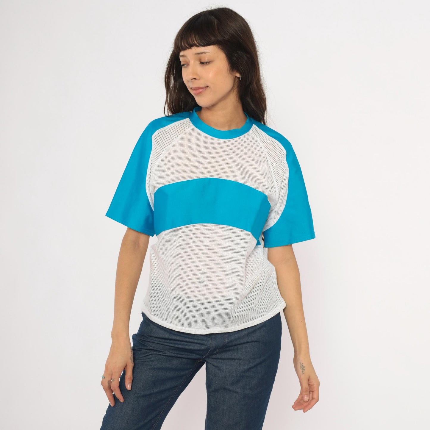 90s Kanu Mesh Panel Raglan Tee Blue White Colorblock Cotton Medium M
