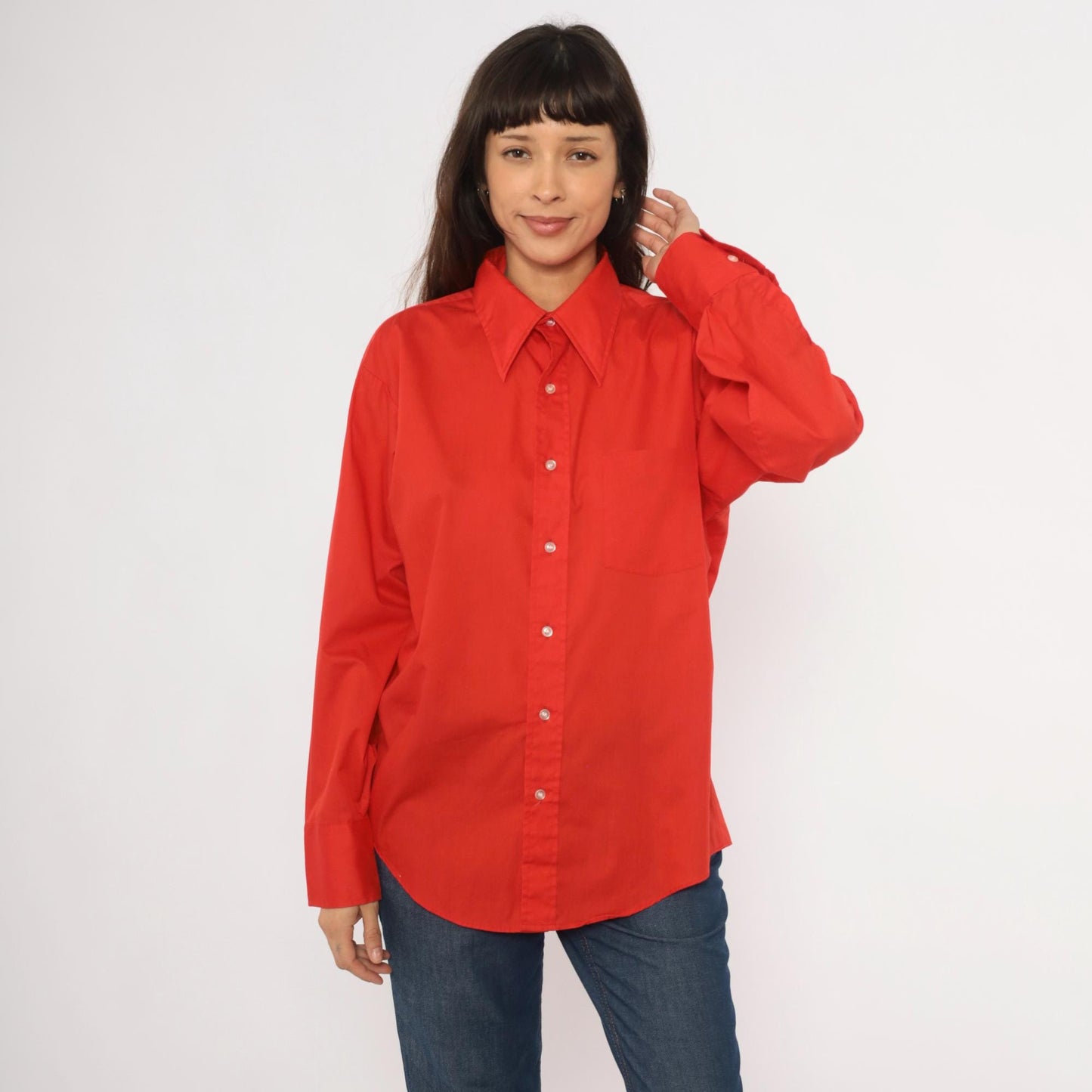 70s Golden Vee Red Button-Up Shirt Pointed Collar Long Sleeve Medium