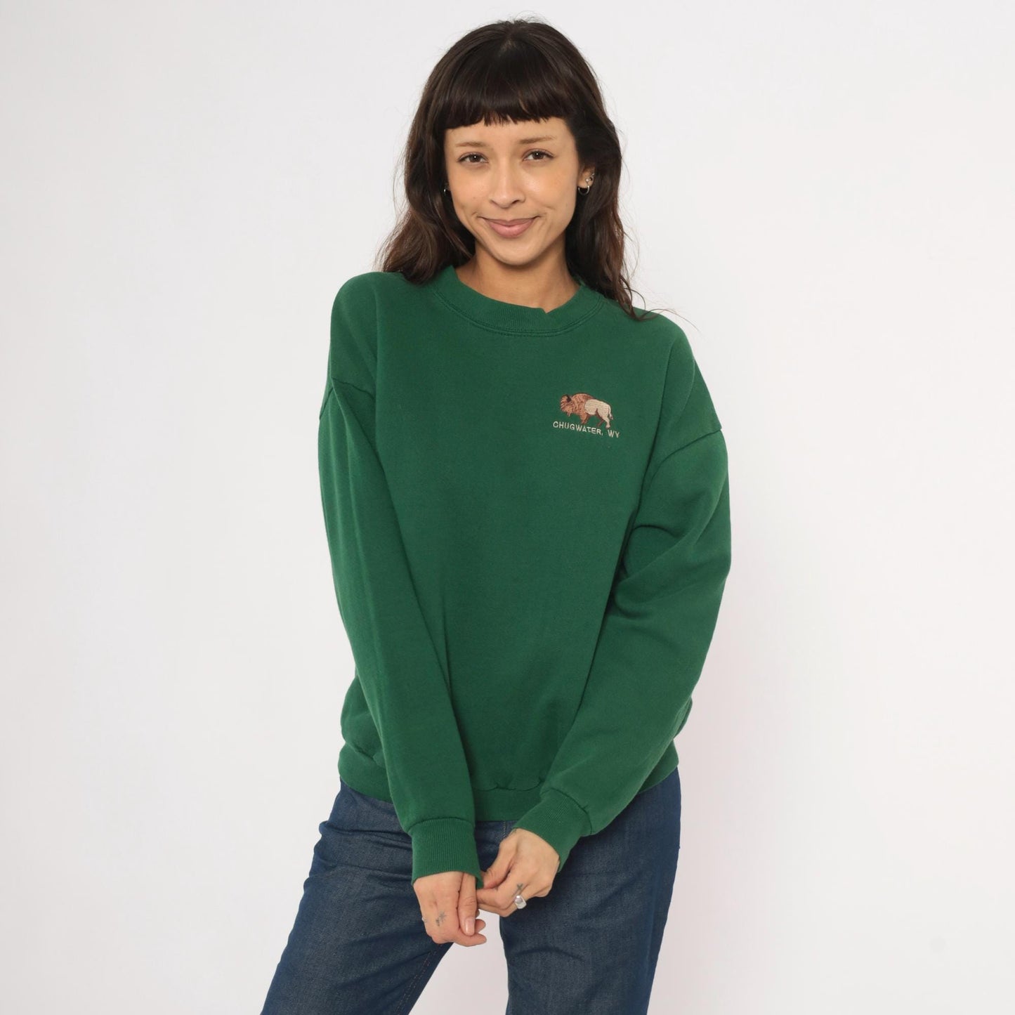 90s Lee Bison Embroidered Sweatshirt Forest Green Chugwater Wyoming Large