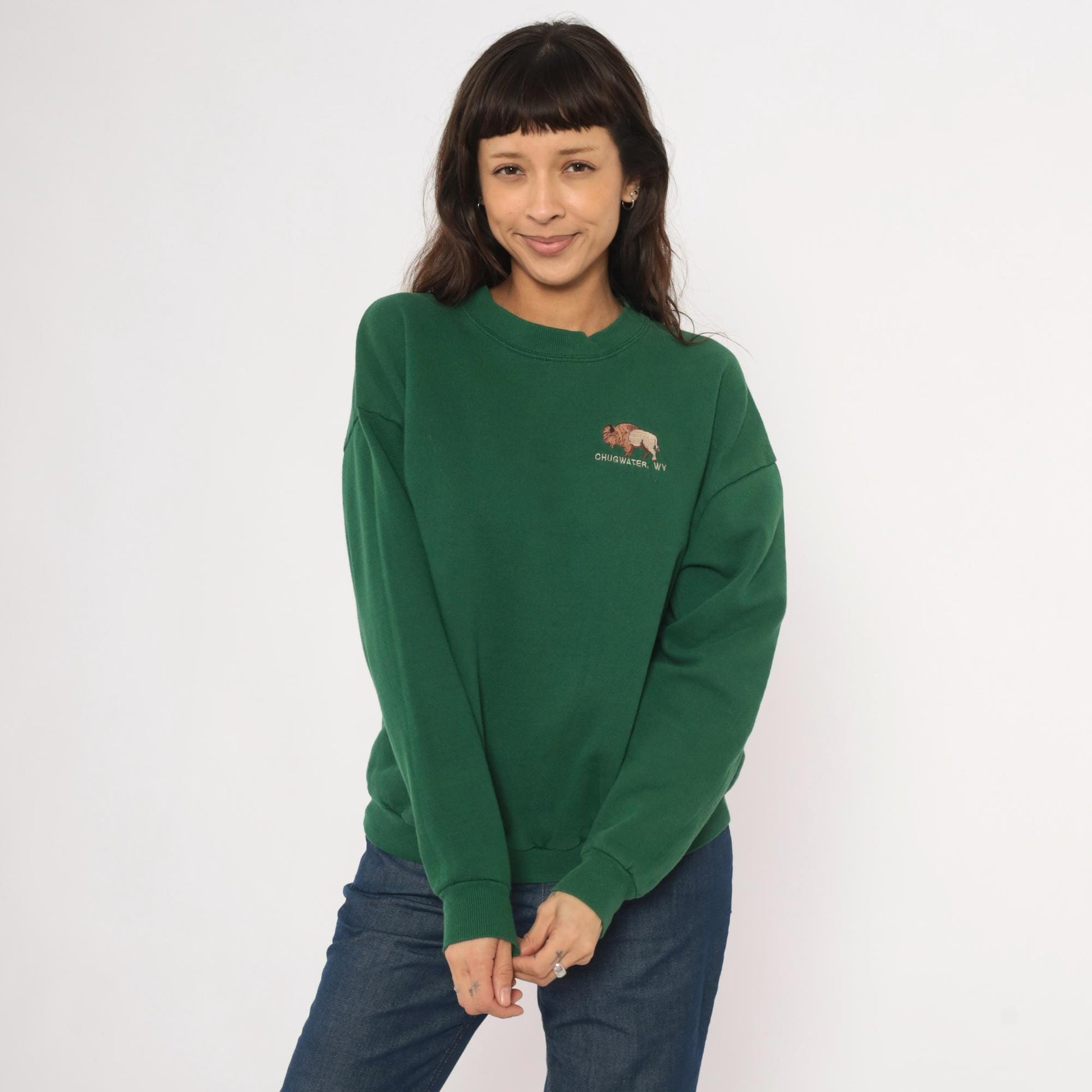 90s Lee Bison Embroidered Sweatshirt Forest Green Chugwater Wyoming Large