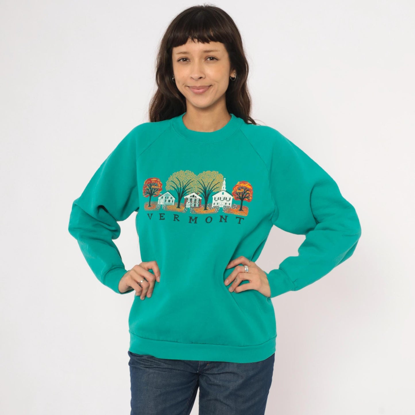 90s Vermont Autumn Village Teal Crewneck Sweatshirt Cotton Graphic Large L
