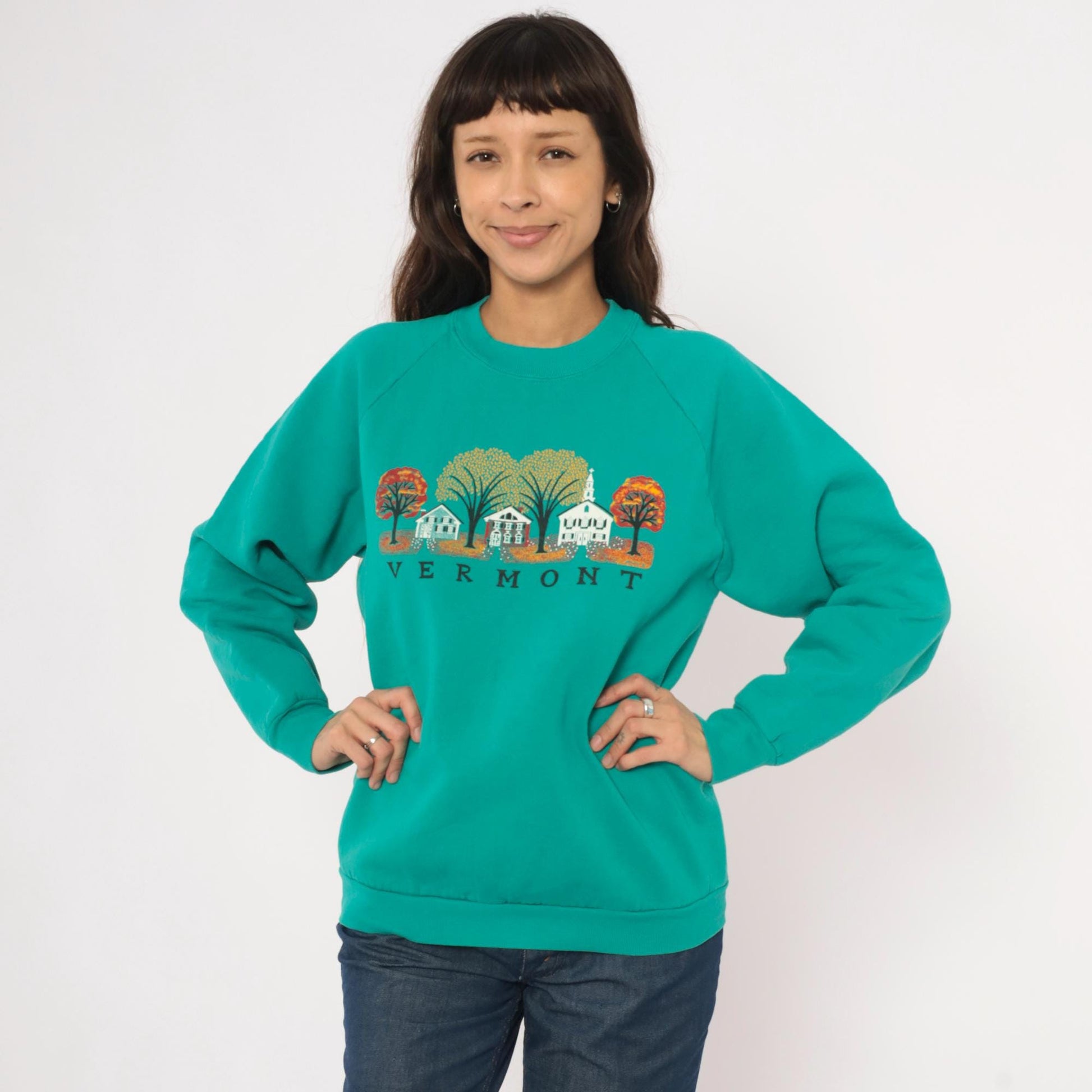 90s Vermont Autumn Village Teal Crewneck Sweatshirt Cotton Graphic Large L