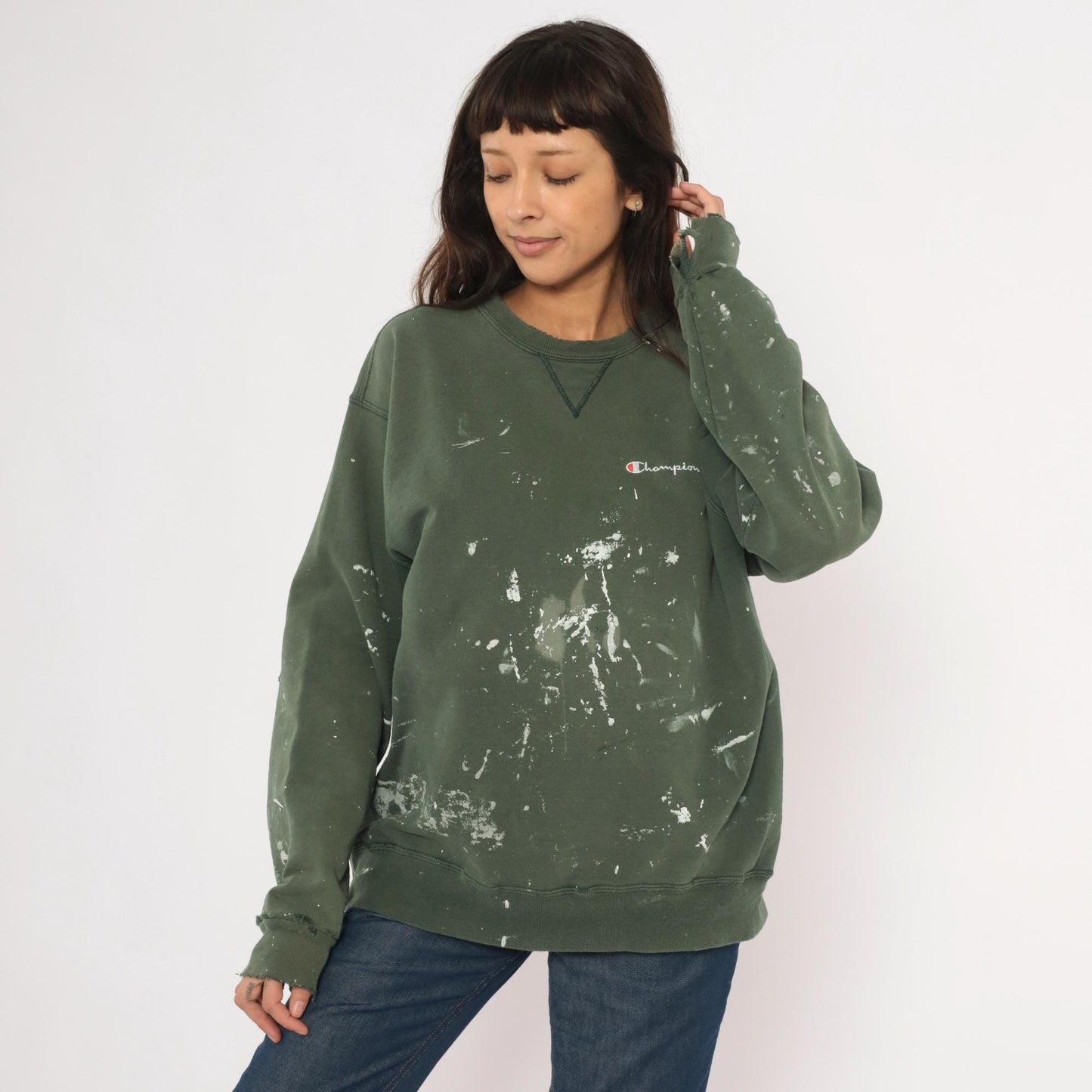 Champion Olive Green Crewneck Sweatshirt Paint Splatter 2000s Extra Large XL