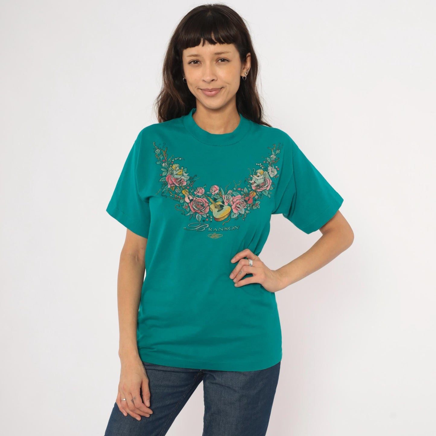 90s Branson Cherub Angel Roses Guitar Teal Cotton Graphic Tee Small