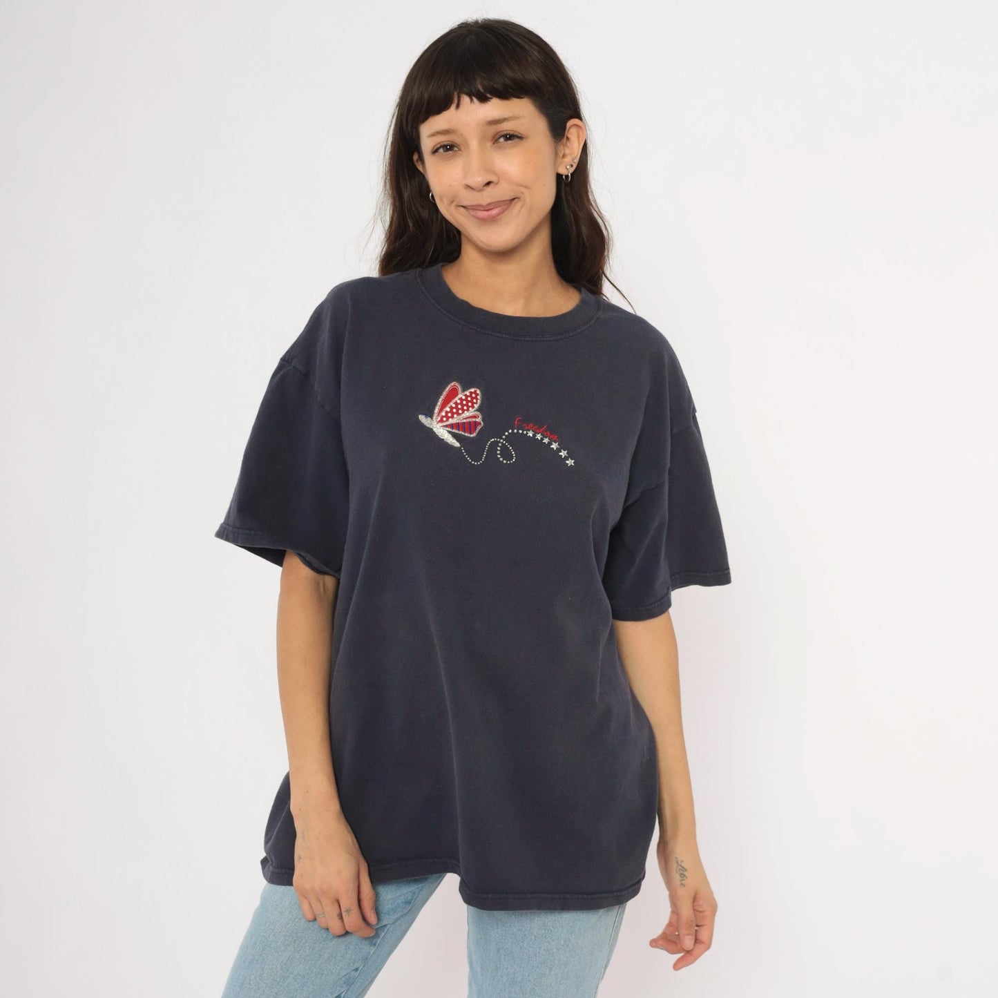 90s Mc Squared Energy Butterfly Embroidered Tee Navy Cotton Americana Stars Extra Large XXL
