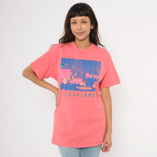 90s Eyecatcher Sportswear Cleveland Marina Tee Coral Pink Sailboat Graphic Extra Large XL
