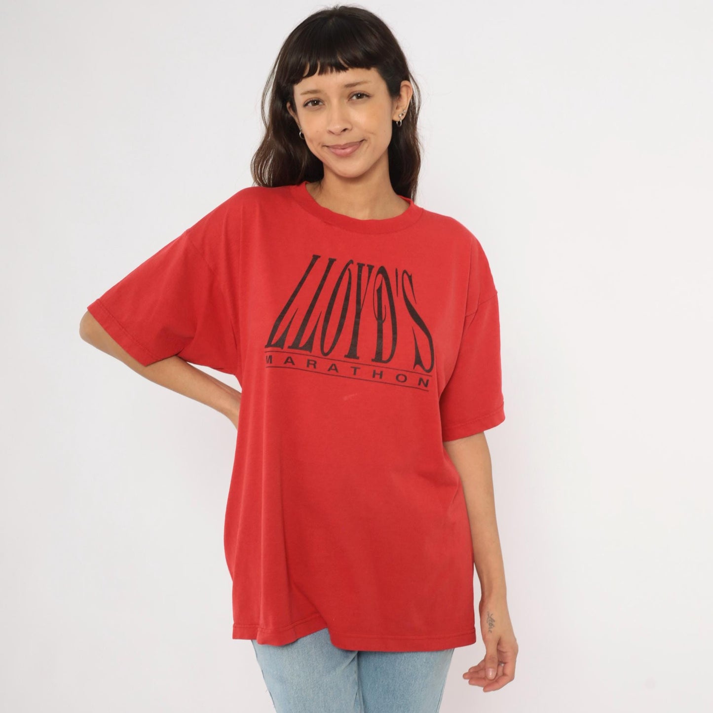 90s Lloyd's Marathon Tee Fruit of the Loom Red Graphic Coach Crewneck Extra Large XL