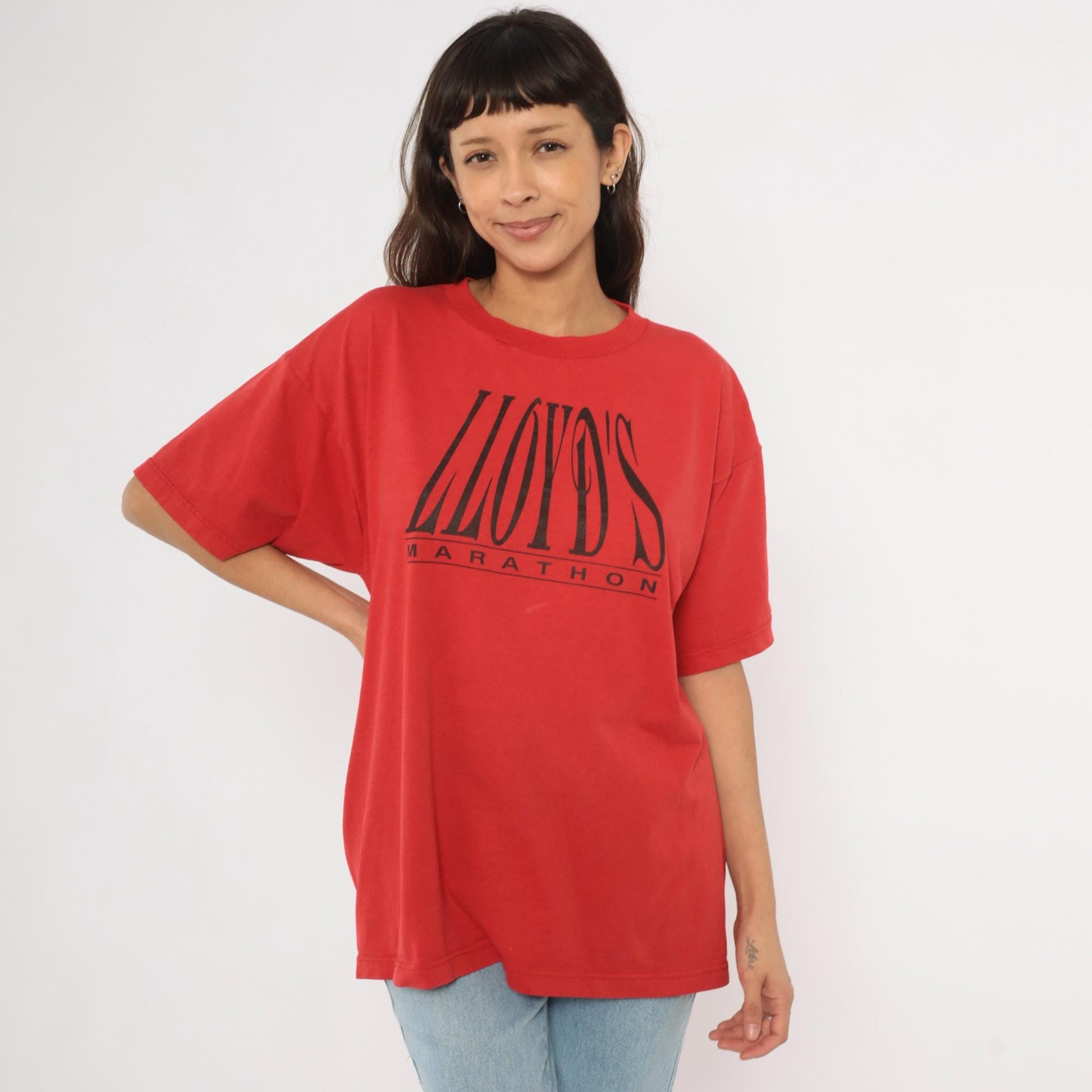 90s Lloyd's Marathon Tee Fruit of the Loom Red Graphic Coach Crewneck Extra Large XL
