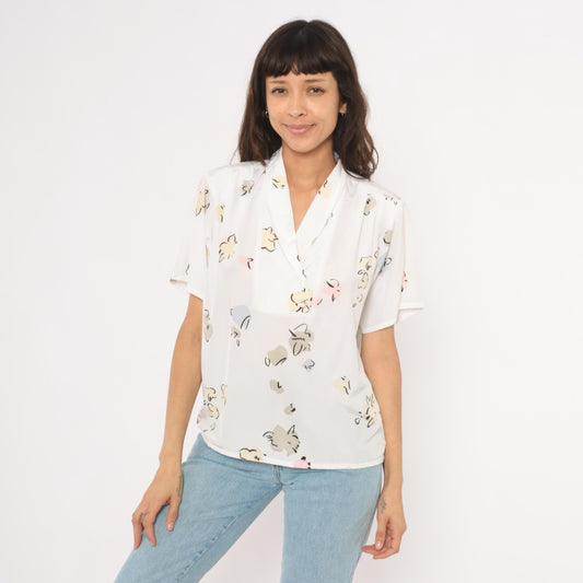 90s Liz Baker Abstract Floral Blouse Cream Shawl Collar V Neck Medium