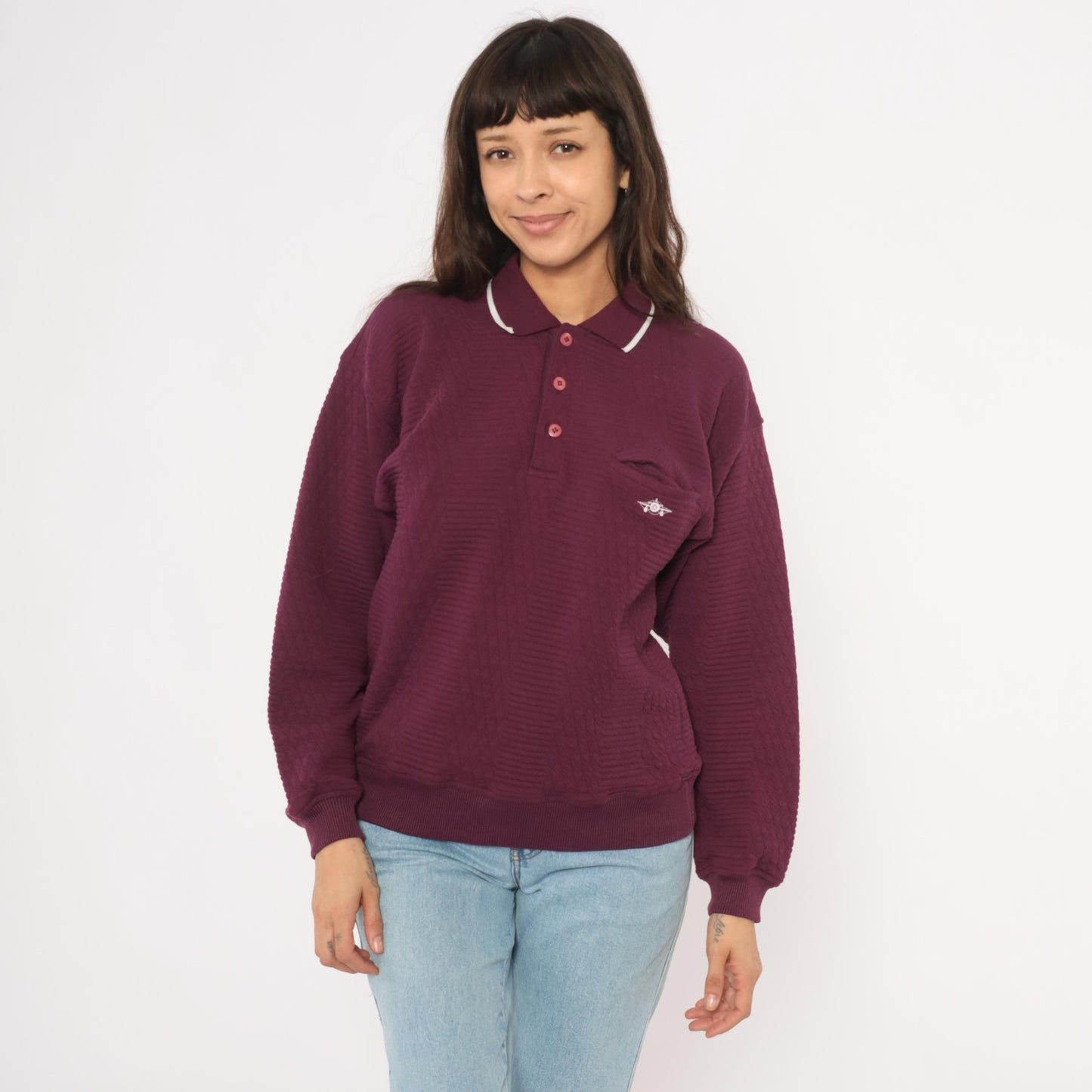 90s Green Line International Plum Polo Sweater Diamond Knit White Collar Medium M