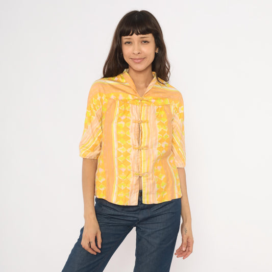 70s Frog Closure Blouse Yellow Geometric Print Mandarin Collar Three Quarter Sleeve Extra Small XS